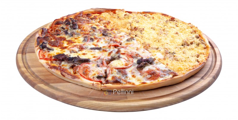 double topping pizza for couples on the wooden desk isolated. three quarter view. cheese and chicken vs beef and tomato, find your favorite