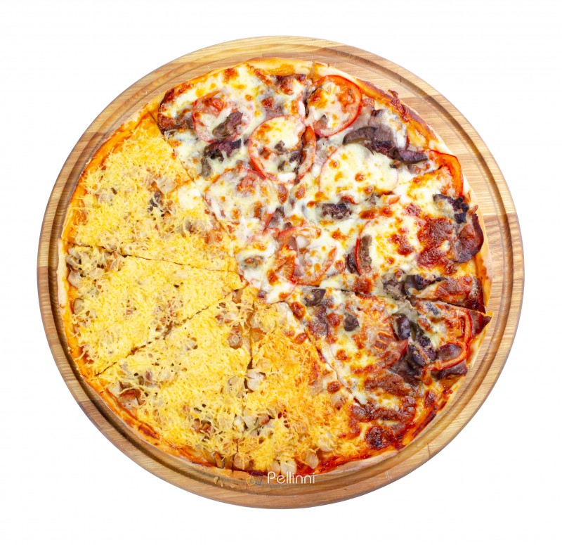 double topping pizza for couples on the wooden desk isolated. view from the top. cheese and chicken vs beef and tomato, find your favorite