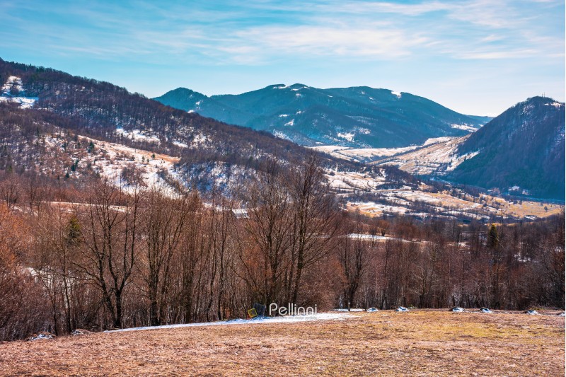 early springtime in mountainous countryside. village in the valley. leafless trees on the meadow with weathered grass and spots of snow. spring is coming. sunny weather