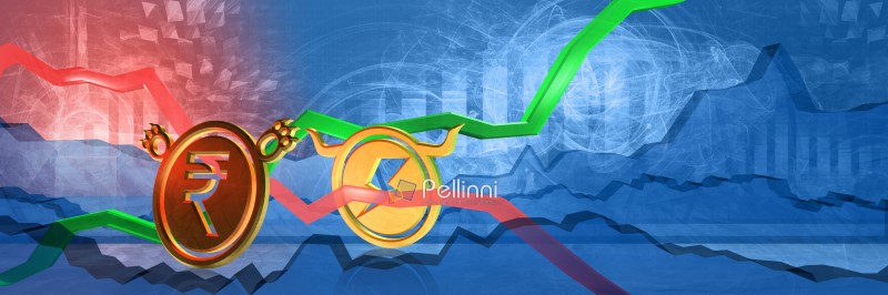 electricity price growth in inr. energy crisis in india. 3D illustration of bullish market trend. expensive power supply