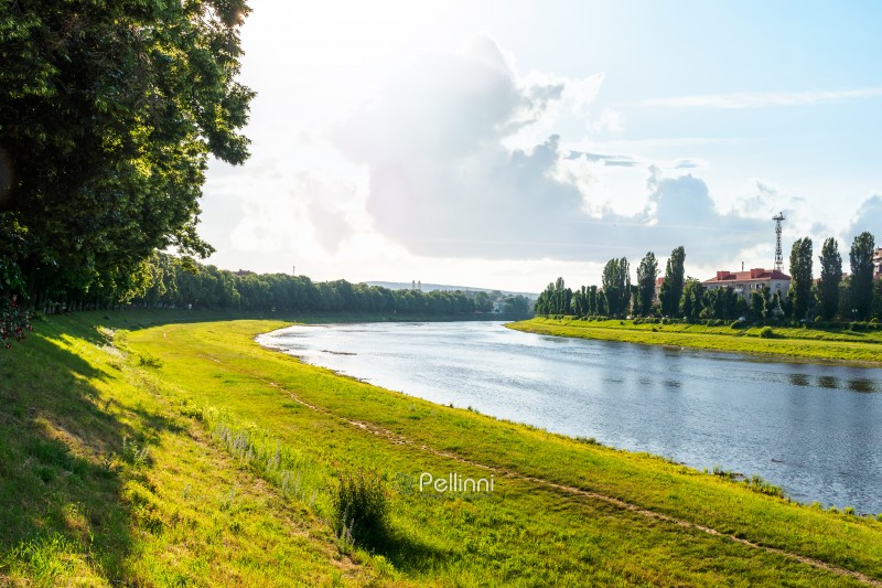embankment of the river uzh in morning light. picturesque european riverside. wonderful urban landscape in summer. linden alley on the left shore