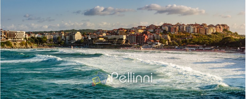 Evening waves before storm near the shore of ancient european resort town Sozopol in summer