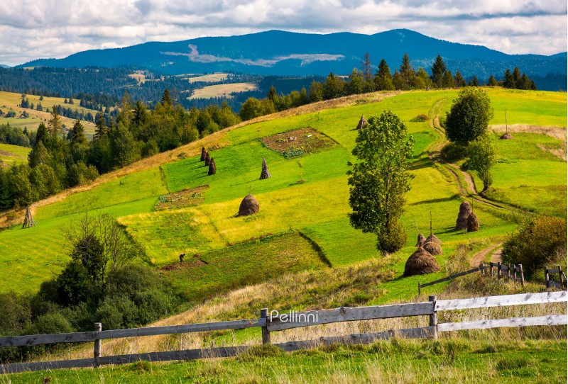 fence in front of a rural fields on hills. haystack on a grassy slope and mountain ridge in the distance