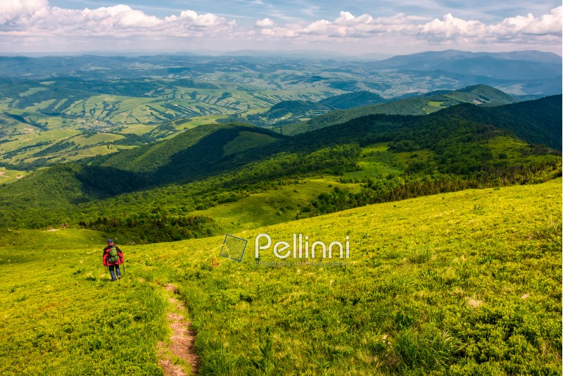 footpath down the hillside in to the valley. beautiful mountainous landscape in summertime. summer outdoors activity concept. location mountain Pikui, TransCarpathia, Ukraine