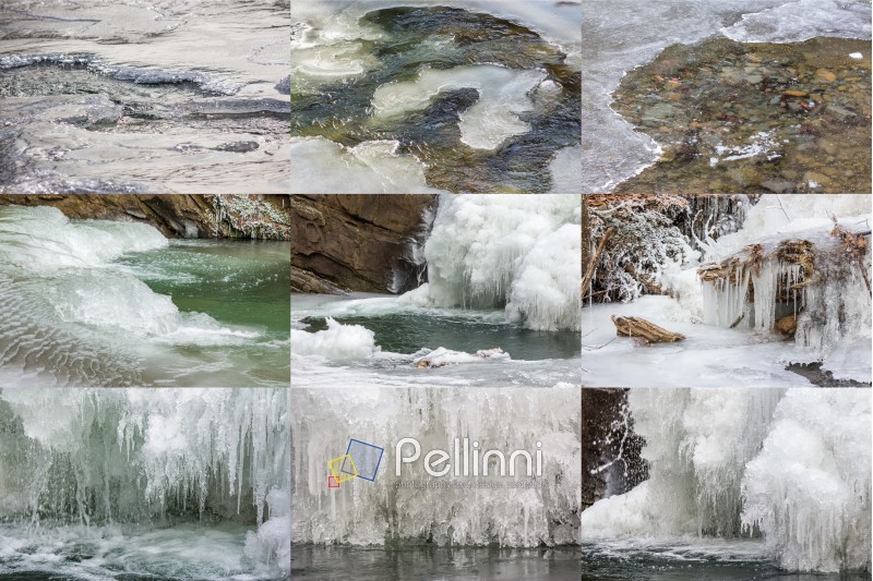 collection of ice and water textures on frozen mountain river