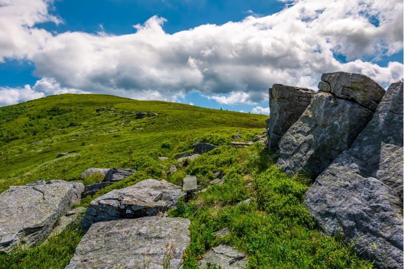 giant rocks on a hill in summertime. beautiful landscape under the blue sky with some clouds