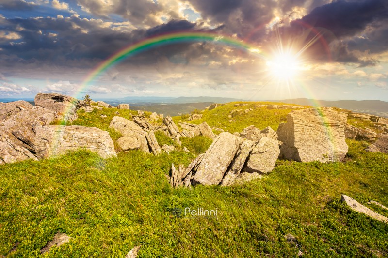 grassy alpine meadow in carpathian mountain landscape at sunset. grassy alpine meadow in carpathian mountain landscape at sunset. sharp rocks and huge boulders among green grass on rolling hills in evening light. open space scenery for wanderlust and exploration