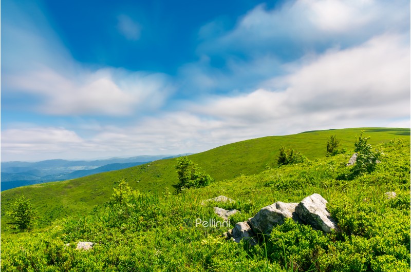 grassy hills of Runa mountain. beautiful green environment in summer. moving clouds, long exposure simulation