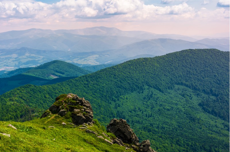 grassy hillside over the cliff in mountains. magnificent Borzhava mountain ride in the distance. viewing location mountain Pikui. gorgeous landscape of Carpathians