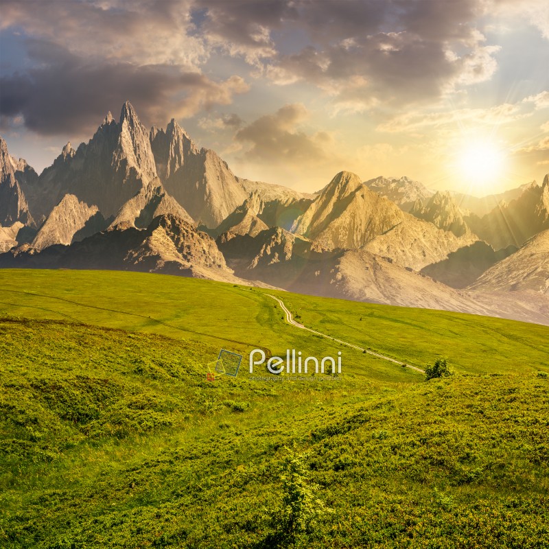 grassy slopes and rocky peaks composite. gorgeous summer landscape with magnificent mountain ridge over the pleasing green meadows. lovely surreal fantasy scenery at sunset