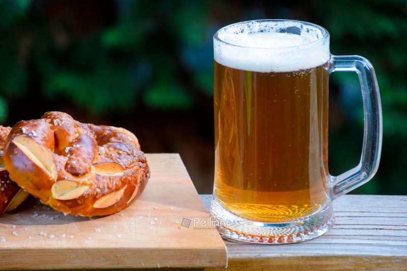 having beer and pretzel outdoors. celebrate oktoberfest. glass mug with cold beverage on the dark background of garden. rustic scene