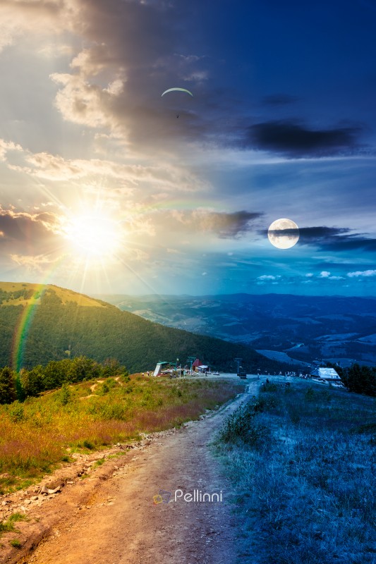 hiking path in carpathian mountains. day meet night. sun and moon over alpine nature of transcarpathia in summer. ukraine mountain landscape for travel. views of borzhava ridge