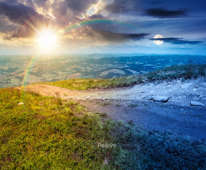 hiking path in carpathian mountains. day meet night. sun and moon over alpine nature of transcarpathia in summer. ukraine mountain landscape for travel. views of borzhava ridge