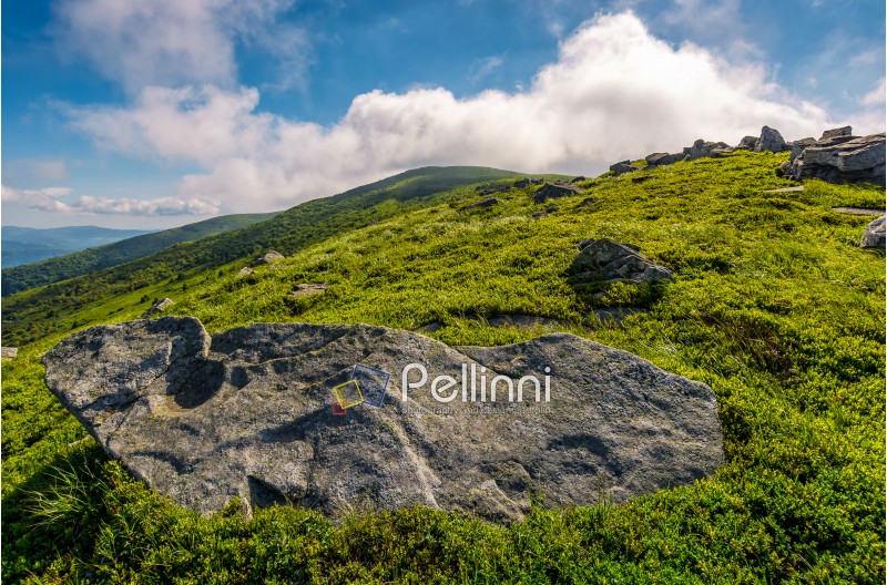 landscape with grassy meadow with giant boulders on the edge of a hill. Carpathian mountain ridge on a beautiful sunny summer day