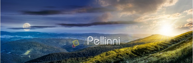 day and night composite image of panoramic summer landscape with hillside meadow in Carpathian mountains