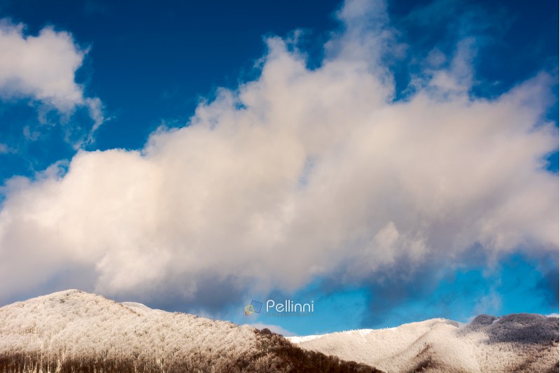 huge fluffy cloud abow the forested hill in snow. wonderful winter nature background