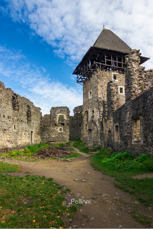 inner courtyard with main tower of Nevytsky castle ruins. popular travel attraction of TransCarpathia