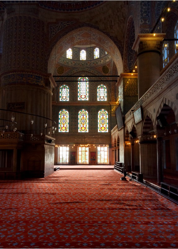 Istanbul, Turkey - 18 AUG, 2015: interior of Blue Mosque in Istanbul. beautiful stained-glass window. popular tourist place