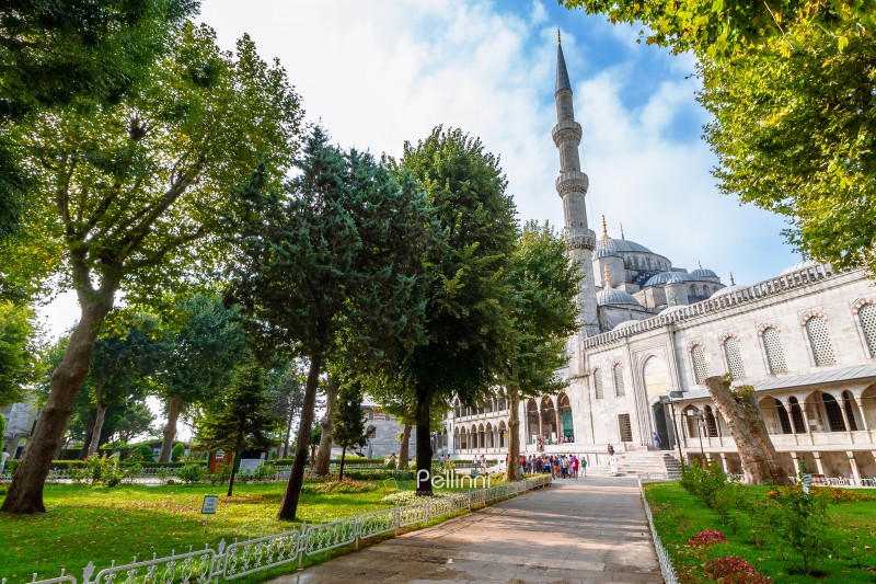 istanbul, turkey - 18 aug 2015: blue mosque park in istanbul. one of the most popular travel landmark in turkey. architecture and nature landscape in summer. unesco world heritage site photography