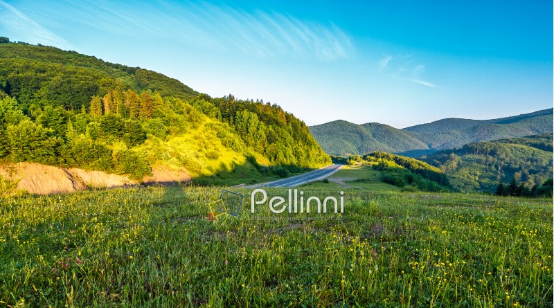 idyllic landscape in mountains at sunrise. vivid grassy field on a hill under the blue sky. road throug the mountain ridge with forests in morning light