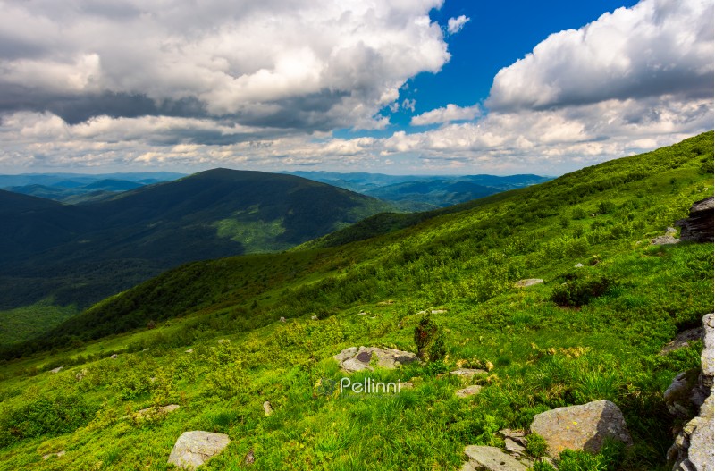 landscape of Runa mountain with boulders on hills. gorgeous landscape of amazing Carpathian mountains on a summer day with cloudy sky