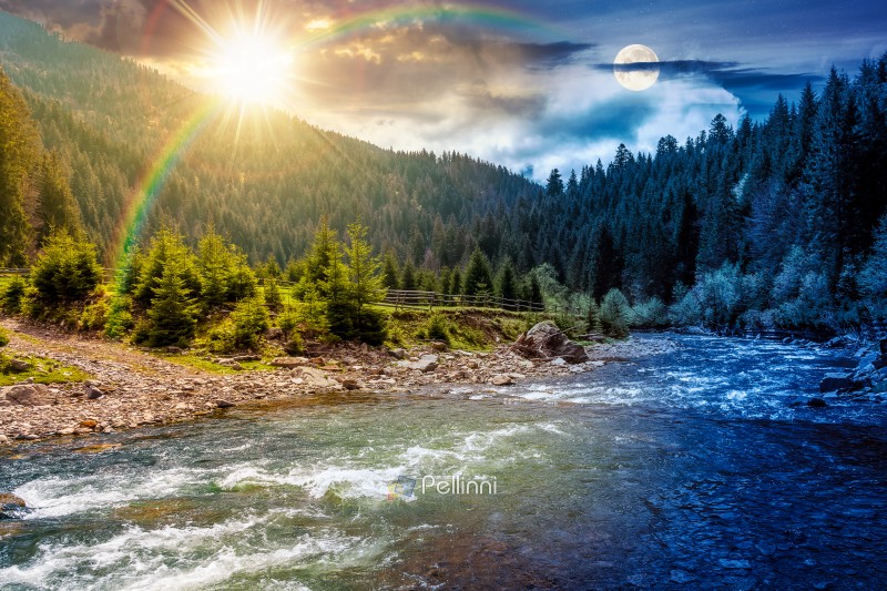 landscape with mountain, forest and a river in front. day meet n landscape with mountain, forest and a river in front. day meet night. sun and moon over beautiful scenery of the green valley during spring. scenic alpine environment for remote outdoor adventure