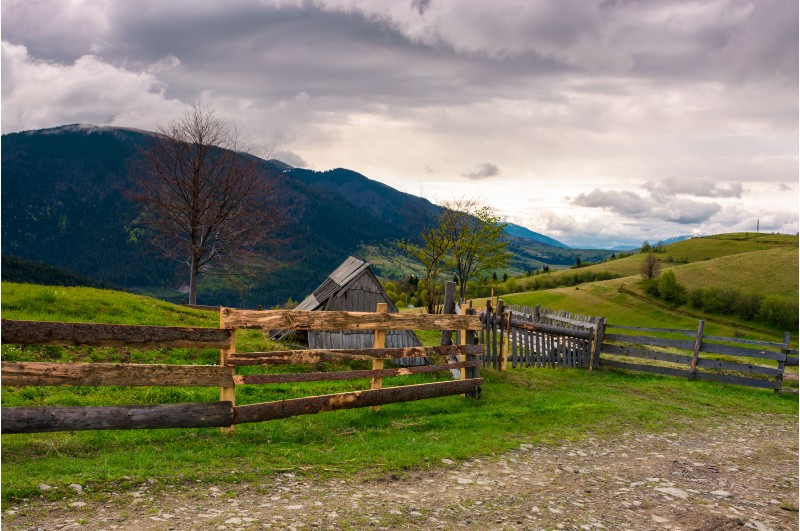 lovely rural landscape in Carpathians. wooden fence along the road on a cloudy day in mountains