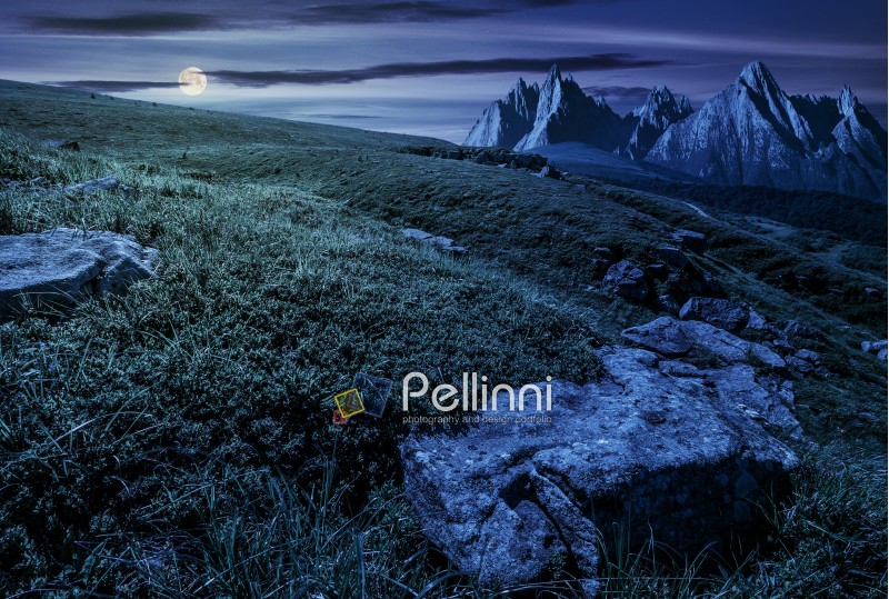 High Tatra mountain summer landscape at night in full moon light. meadow with huge stones among the grass on top of the hillside near the peak of mountain range