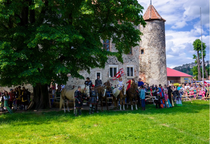 Chynadiyovo, Ukraine - May 27, 2017: medieval culture festival Silver Tatosh. Location St. Miklos Castle. Knights on horses getting ready for action