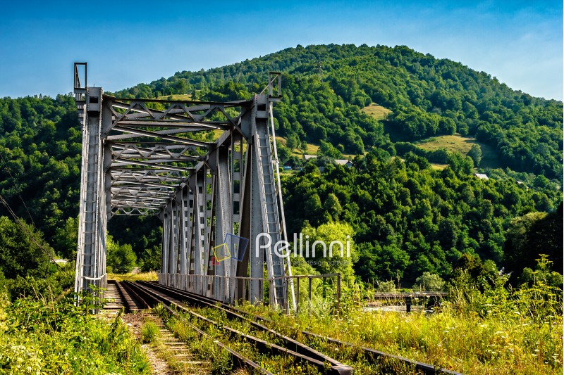 old metal rail road bridge in rural area of carpathian mountains