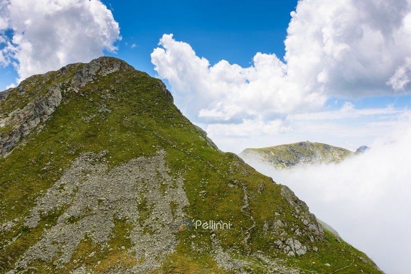 mountain landscape of romania under cloudy sky. europe nature scenery travel background for hiking in summer vacation season. scenic view of fagaras ridge in transylvania alps with steep rocky slopes