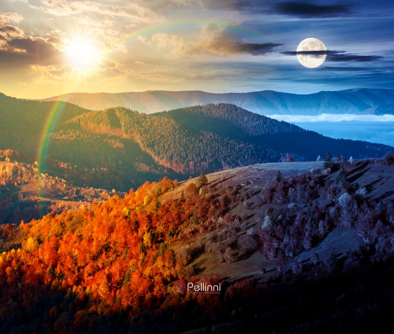 mountain landscape on autumn equinox. day and night time change mountain landscape on autumn equinox. day and night time change concept. scenic destination for a weekend with sun and moon at twilight. fog in the distant valley. forest on hills. countryside scenery