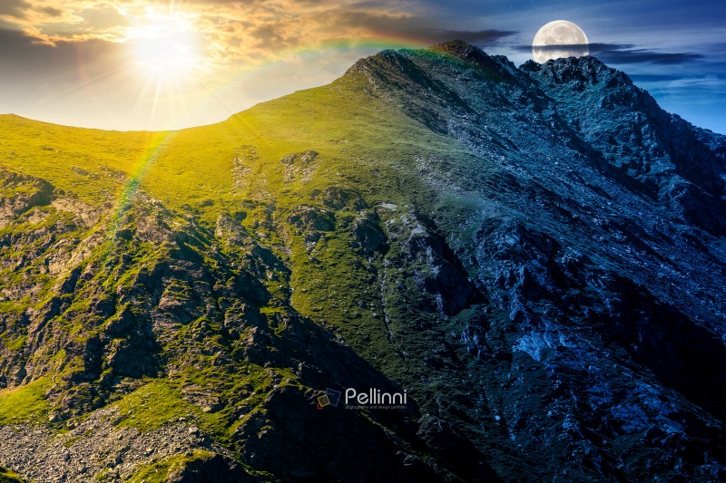 mountain landscape on summer solstice. day and night time change concept. ridge under sky with clouds, sun and moon. alpine scenery with rocky peaks and steep slopes. duality and transition template
