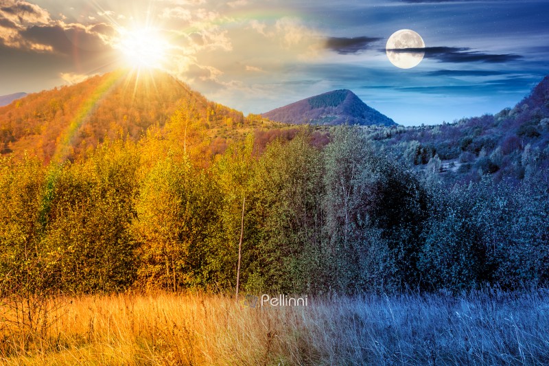 mountain landscape with forest on autumn equinox. day and night mountain landscape with forest on autumn equinox. day and night time change concept. nature park with birch trees in colorful foliage with sun and moon at twilight. horizontal astrology background