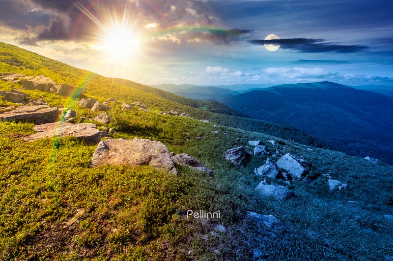 mountain landscape with grass and rock on a slope. day meet night. view in to the distant valley of carpathian mountains. sun and moon in harmony over mountainous scenery of ukraine on summer solstice