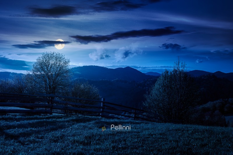 mountainous rural landscape in spring at night. mysterious view mountainous rural landscape in spring at night. mysterious view of valley fields. full moon over alpine meadow. carpathian mountains countryside with forest near pasture. agricultural fantasy