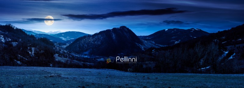 mysterious panorama of a countryside landscape on springtime nig mysterious panorama of a countryside landscape on springtime night. full moon over beautiful view of mountainous rural area from a forested hill. rolling alpine scenery with settlement in the valley
