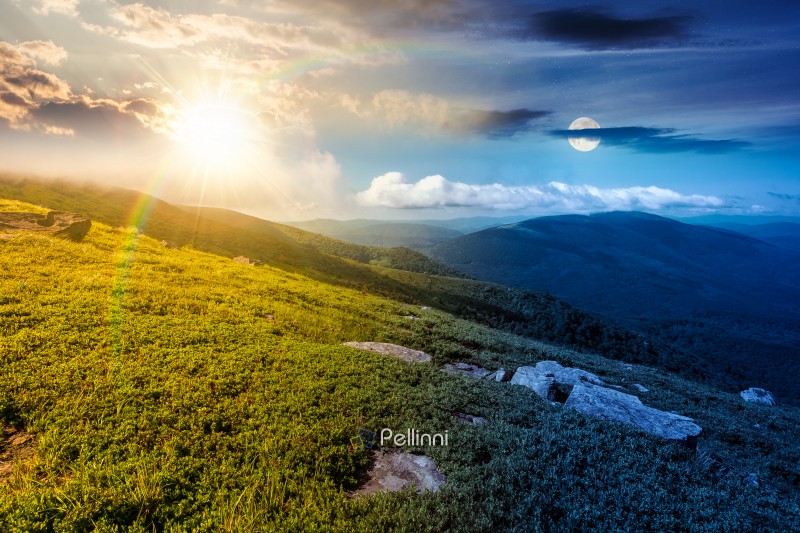 nature scenery with mountain under summer sky. day meet night. s nature scenery with mountain under summer sky. day meet night. sun and moon over alpine landscape of carpathian mountain with grassy slopes. low fluffy clouds on high altitude. summer vacations