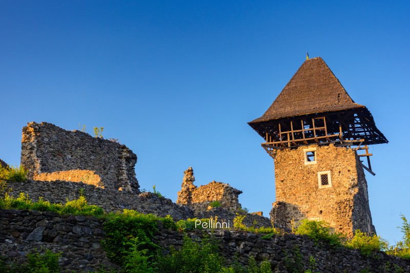 nevytske, ukraine - 19 may, 2018: castle with tower and stone wall at sunset. medieval fortress architecture of ukraine. travel destination and heritage site of transcarpathia