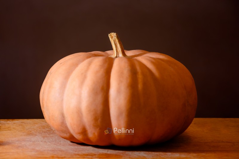 orange pumpkin on the wooden table. autumn vegetable harvest. dark background for thanksgiving