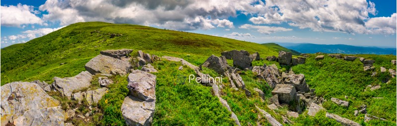 panorama of Runa mountain with rocks on hillside. gorgeous landscape of amazing Carpathian mountains on a summer day with beautiful cloudscape on a blue sky