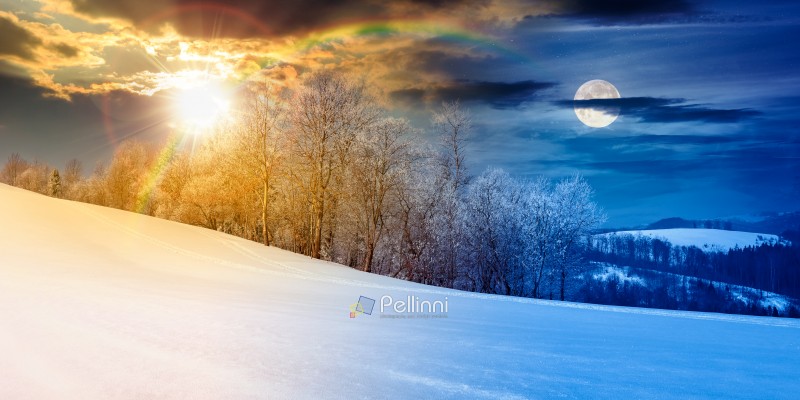 panorama of a beautiful landscape on winter solstice. day and night time change concept. forest on a snow covered meadow with sun and moon at twilight. duality and transition template