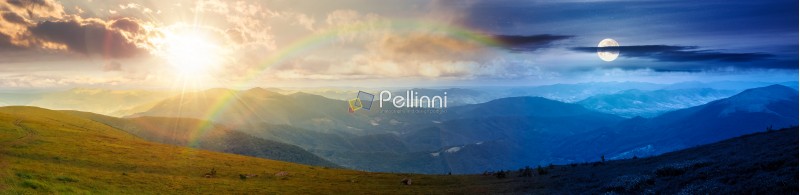 panorama of mountainous landscape. day meet night. wide view of cloudy sky with sun and moon in harmony over the grassy slope of a mountain ridge. epic summer solstice. adventure tourism in highland