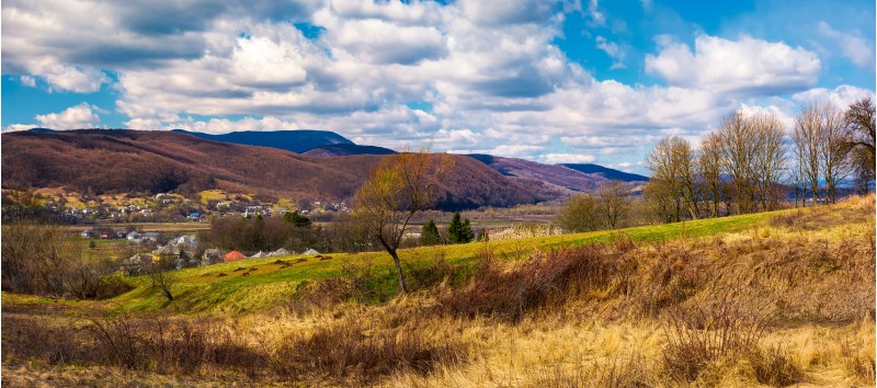 panorama of mountainous rural area in springtime. lovely countryside on a cloudy day. leafless forest over the grassy meadow and village in the distance at the foot of the mountain