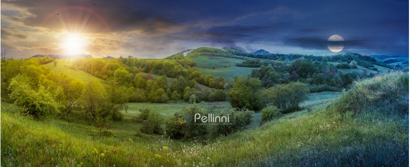 panorama of time change in springtime countryside with sun and moon. grassy hills and meadows. trees with green foliage on hillsides. mountain top in the distance. wonderful nature scenery