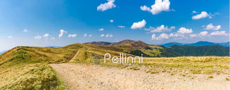 panoramic view of path through the mountain ridge. spectacular landscape in early autumn weather with fluffy clouds on the blue sky