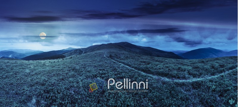panoramic landscape with narrow meadow path in grass on top of mountain range at night in full moon light
