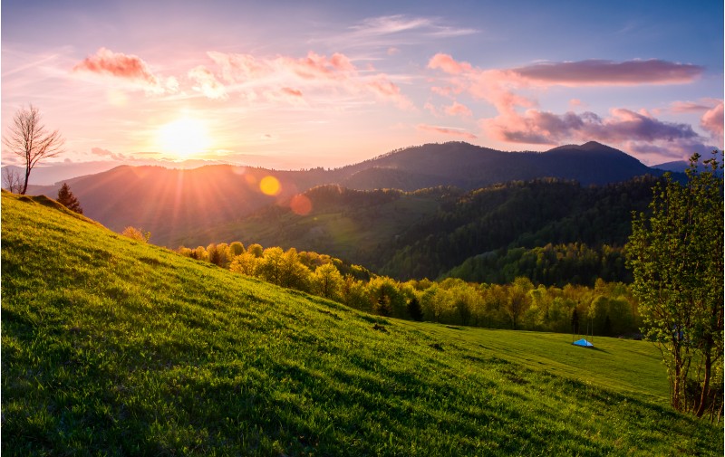 pink sunset over the mountains in springtime. gorgeous Carpathian countryside. beautiful rural scene with fields and trees