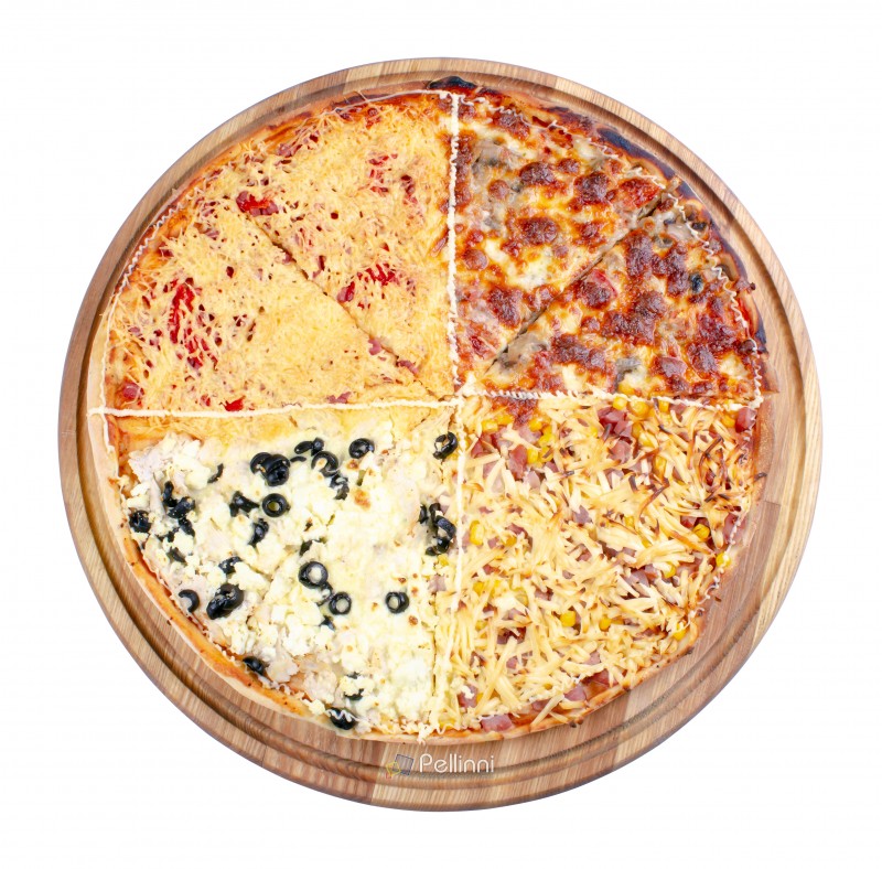 quadruple topping family pizza on the wooden desk isolated. view from the top. sausage vs pork and corn vs mushrooms vs olives, in different kind of cheese. find your favorite