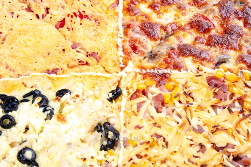 quadruple topping family pizza closeup. sausage vs pork and corn vs mushrooms vs olives, in different kind of cheese. find your favorite